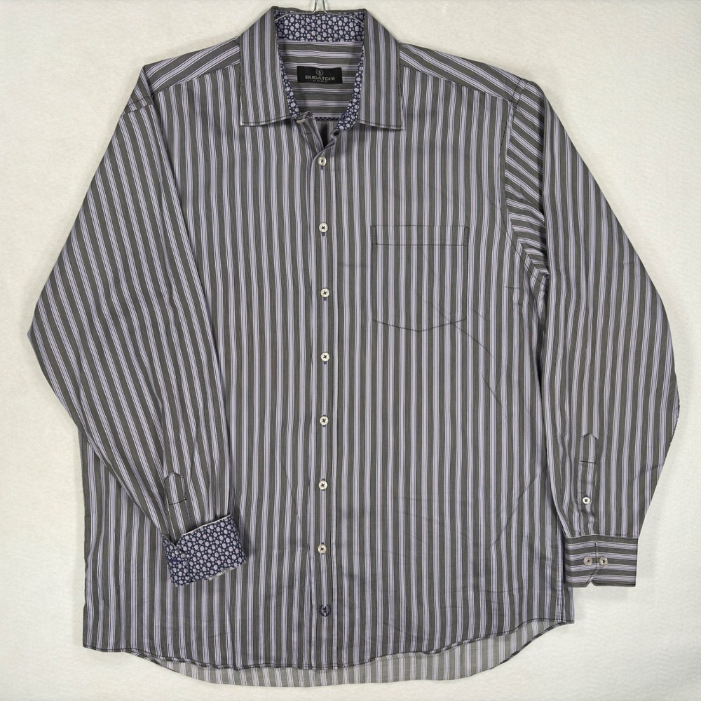 Bugatchi Uomo Mens Striped Button Down Shirt Purple Grey Floral Trim Cotton XL